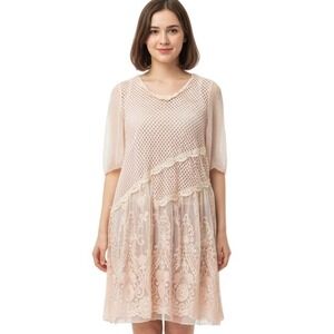 Pretty Angel Pink Crochet‎ Overlay Dress SKUW084